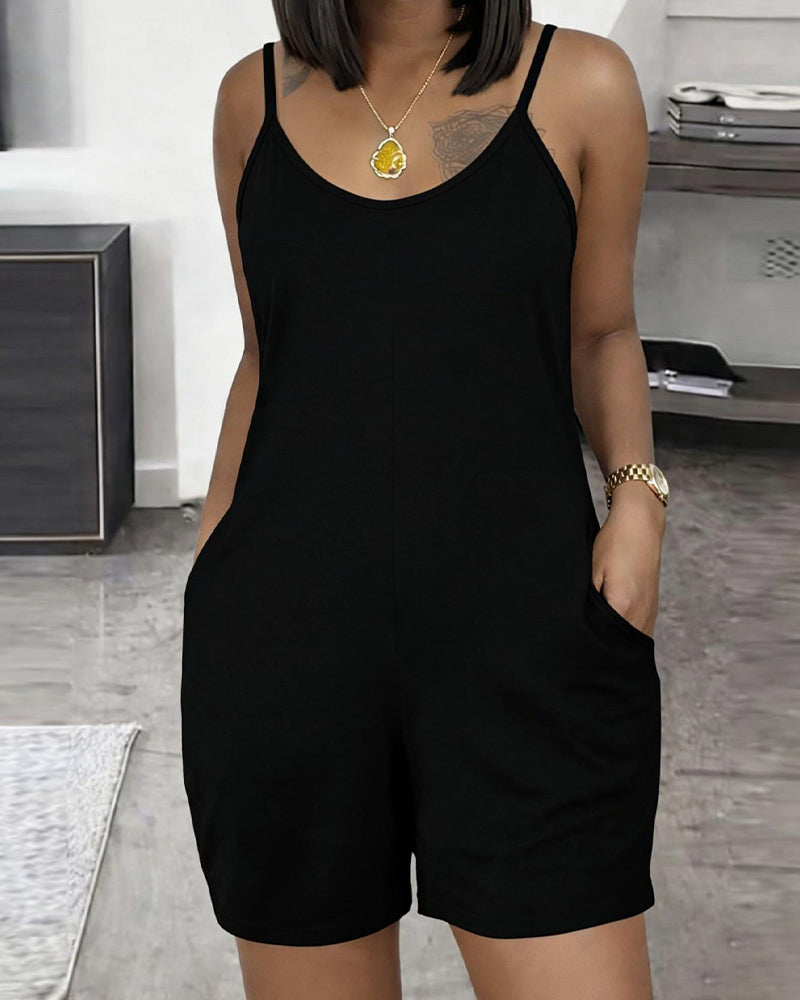 Sleeveless U-Neck Solid Color Pocket Jumpsuit