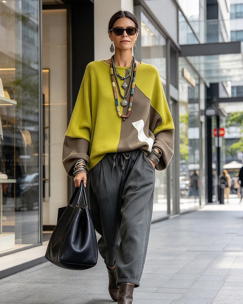 Crew Neck Raglan Sleeve Color-Block Top