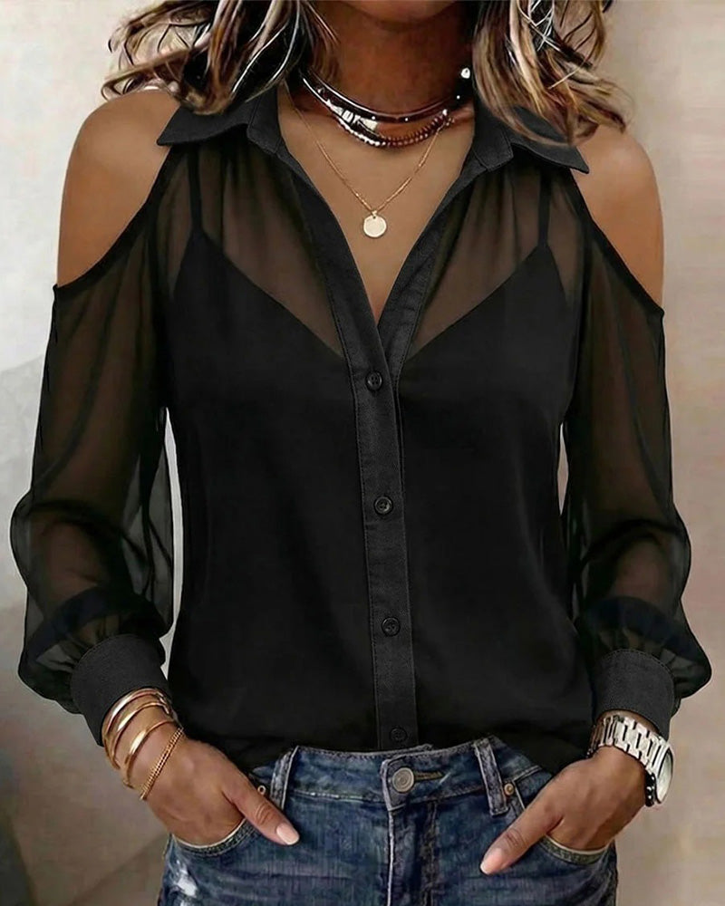 Lapel Off Shoulder Sheer Shirt Camisole Two Piece Set