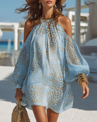 Leopard Print Halterneck Off-Shoulder Short Dress