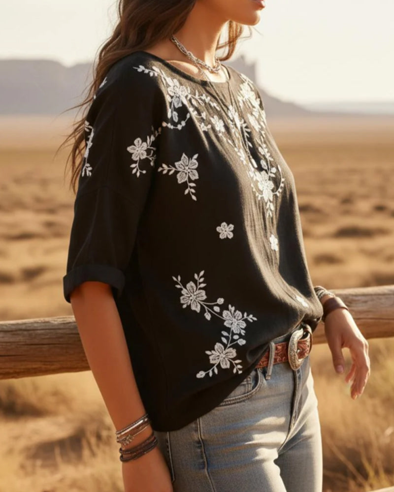 Crew Neck Drop Shoulder Loose Floral Blouse
