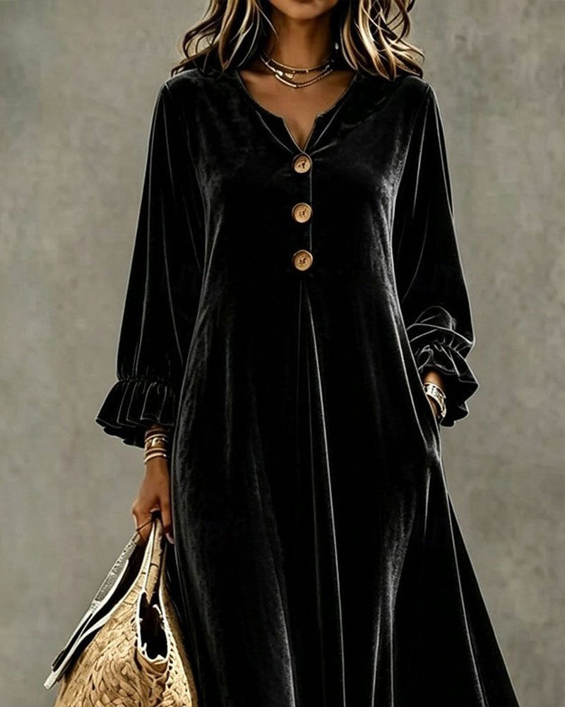 V-Neck Ruffle Trim Long Sleeve Velvet Dress