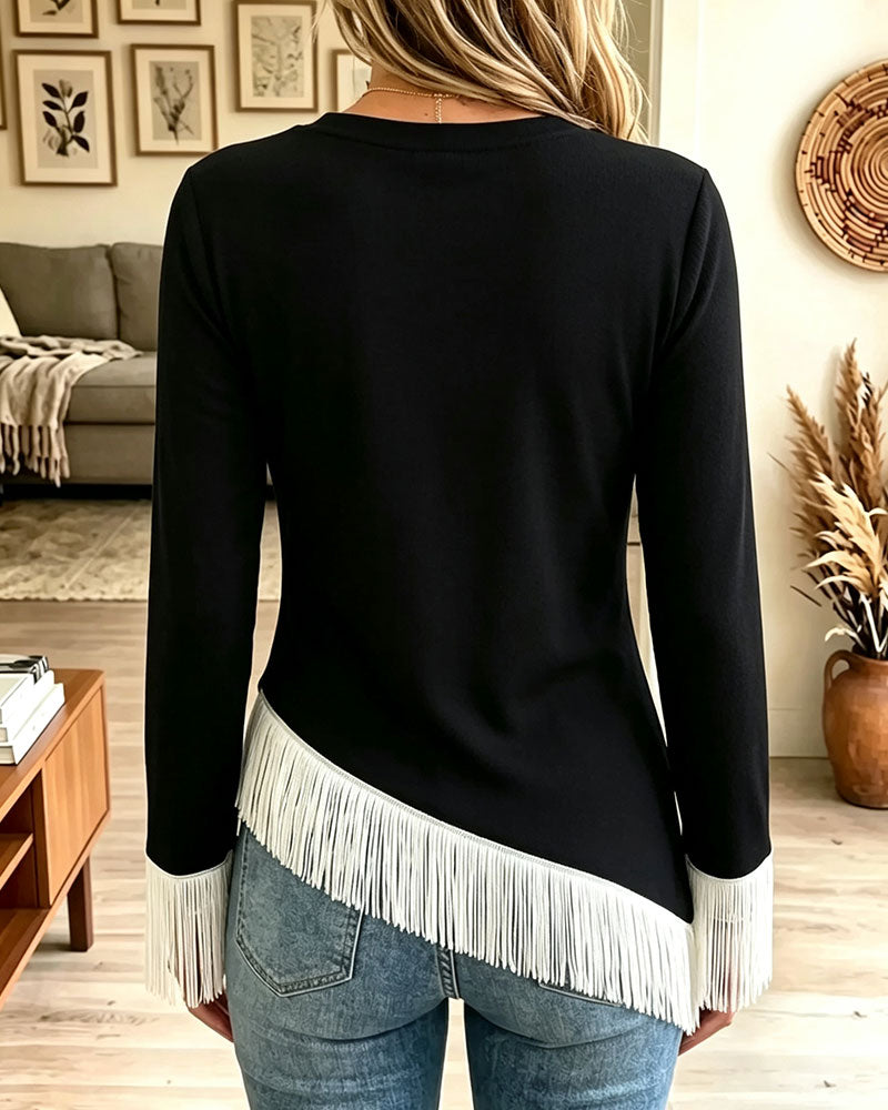 Crew Neck Color-Block Irregular Top