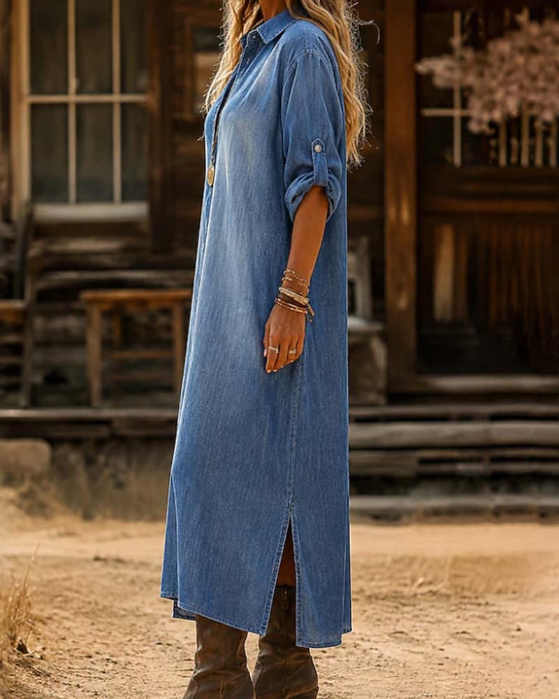 Shirt Collar Slit Casual Dress