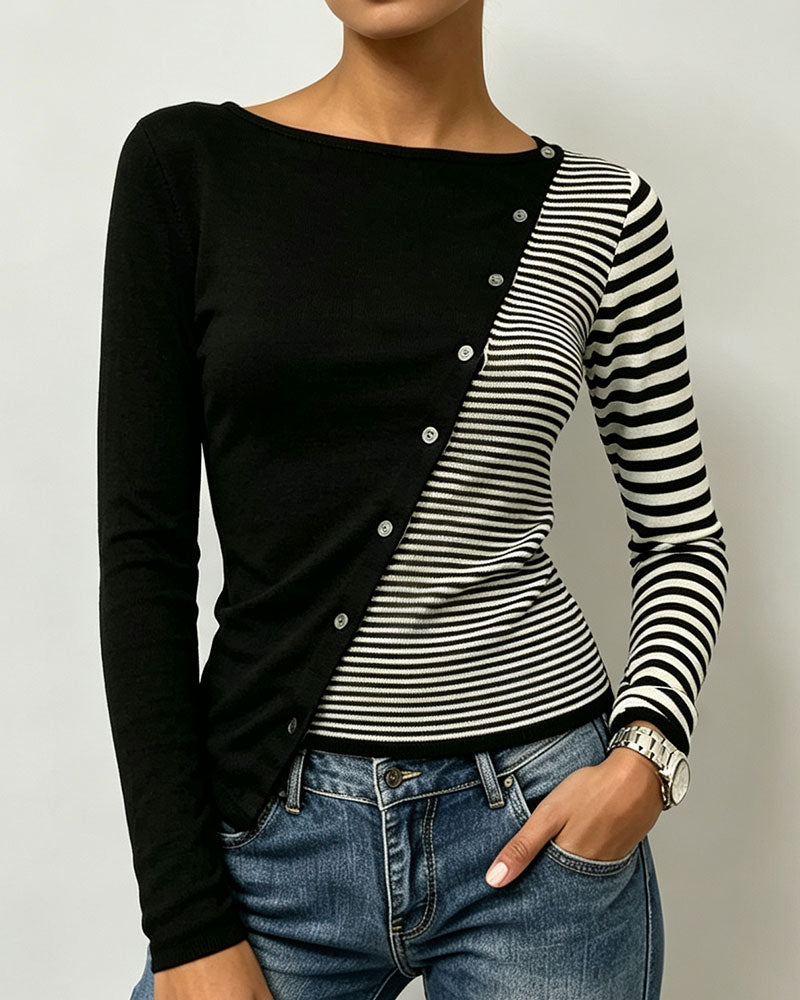 Contrast Striped Button Patchwork T-Shirt