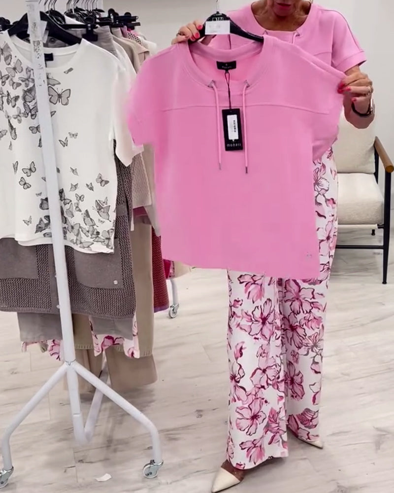 Round Neck Drawstring Solid Color Short Sleeve T-Shirt