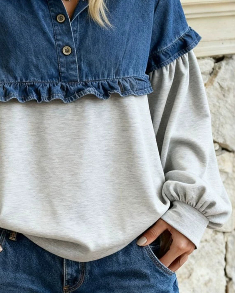 Shirt Collar Ruffled Patchwork Top