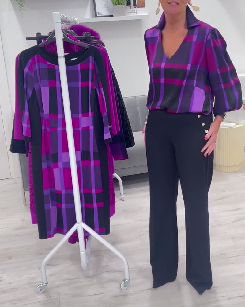 Lapel V-neck large plaid blouse