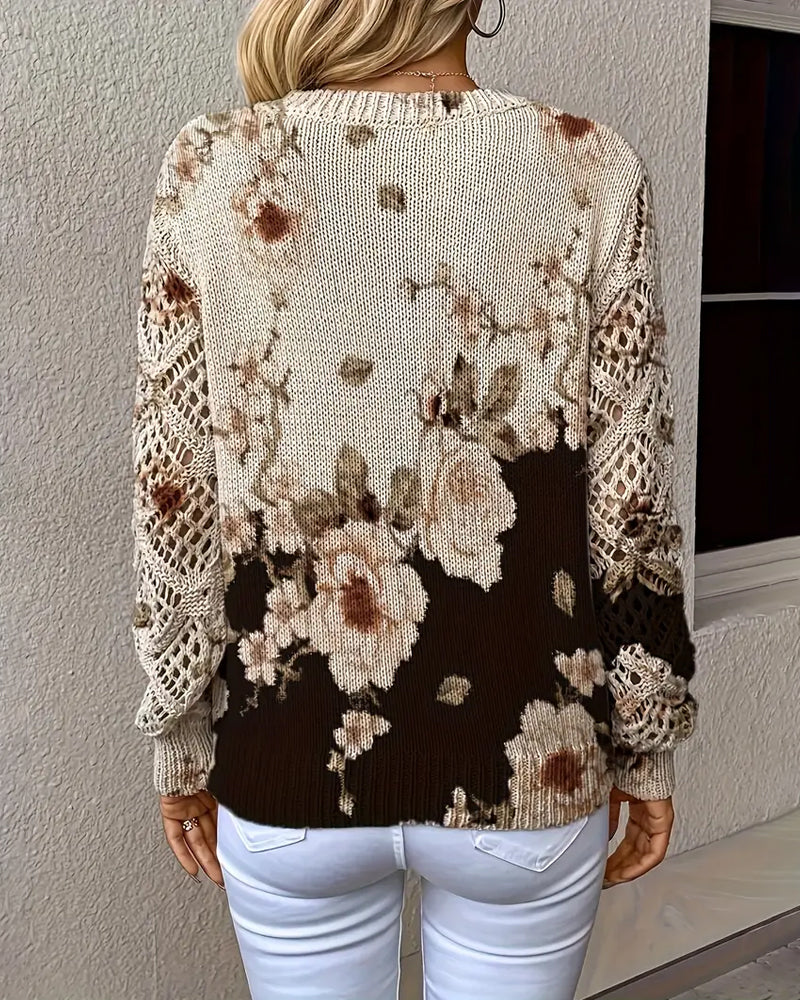 V-Neck Floral Print Hollow Sweater