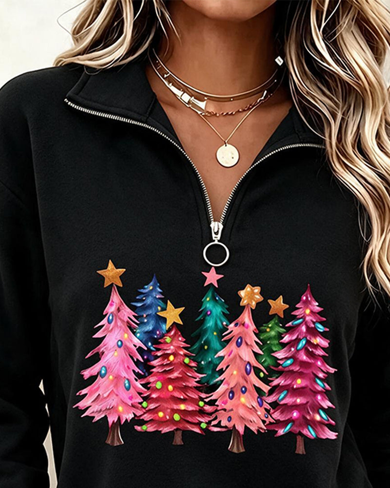 Half-Zip Christmas Tree Print Sweatshirt