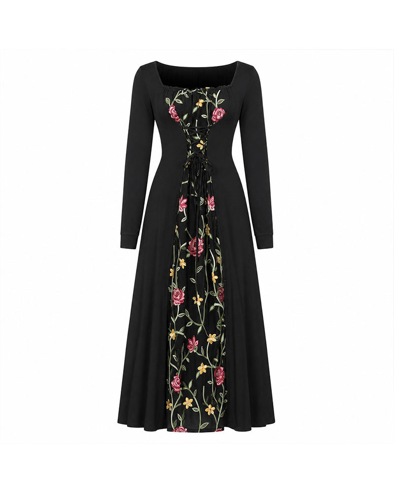 Square Neck Rose Spliced Maxi Dress