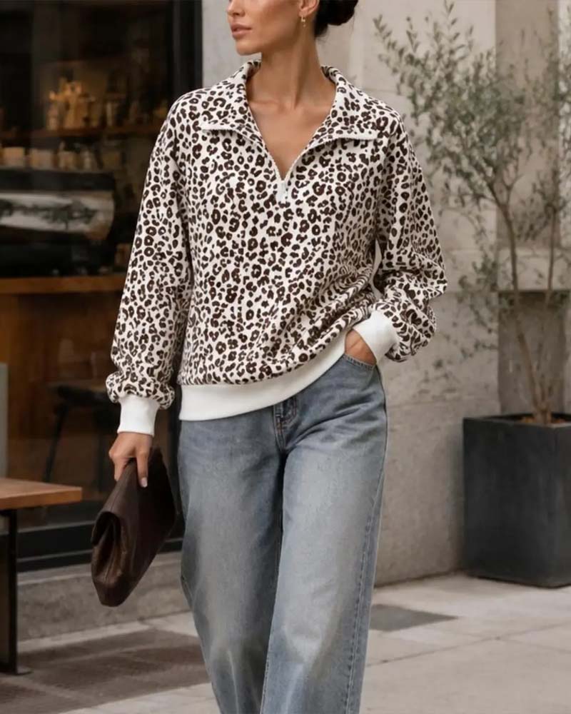 Zip Leopard Casual Sweatshirts