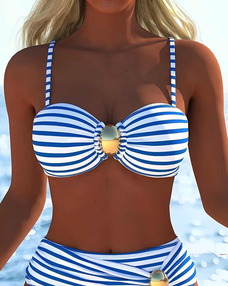 Spaghetti Straps Striped Plastic Button Bikini