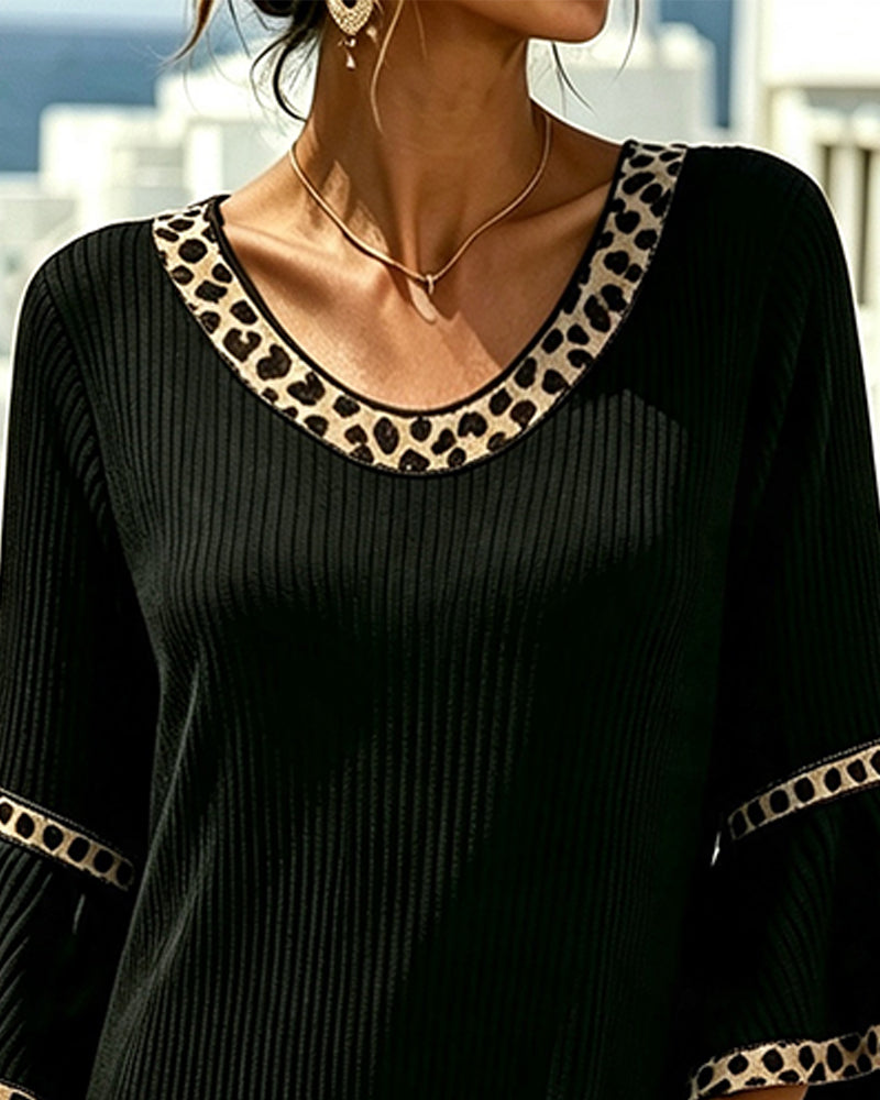 Flare Sleeve Ribbed Leopard Dress