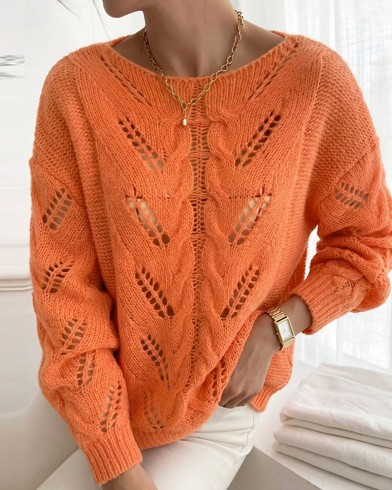 Crew Neck Drop Shoulder Cutout Solid Knit Pullover