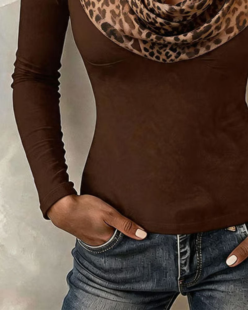 Cowl Neck Leopard Patchwork Fitted Top