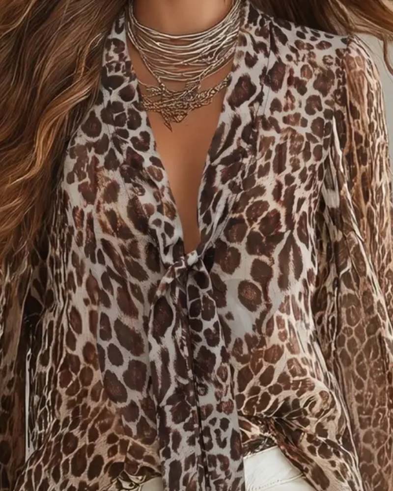 Sheer Leopard V‑Neck Long‑Sleeve Shirt