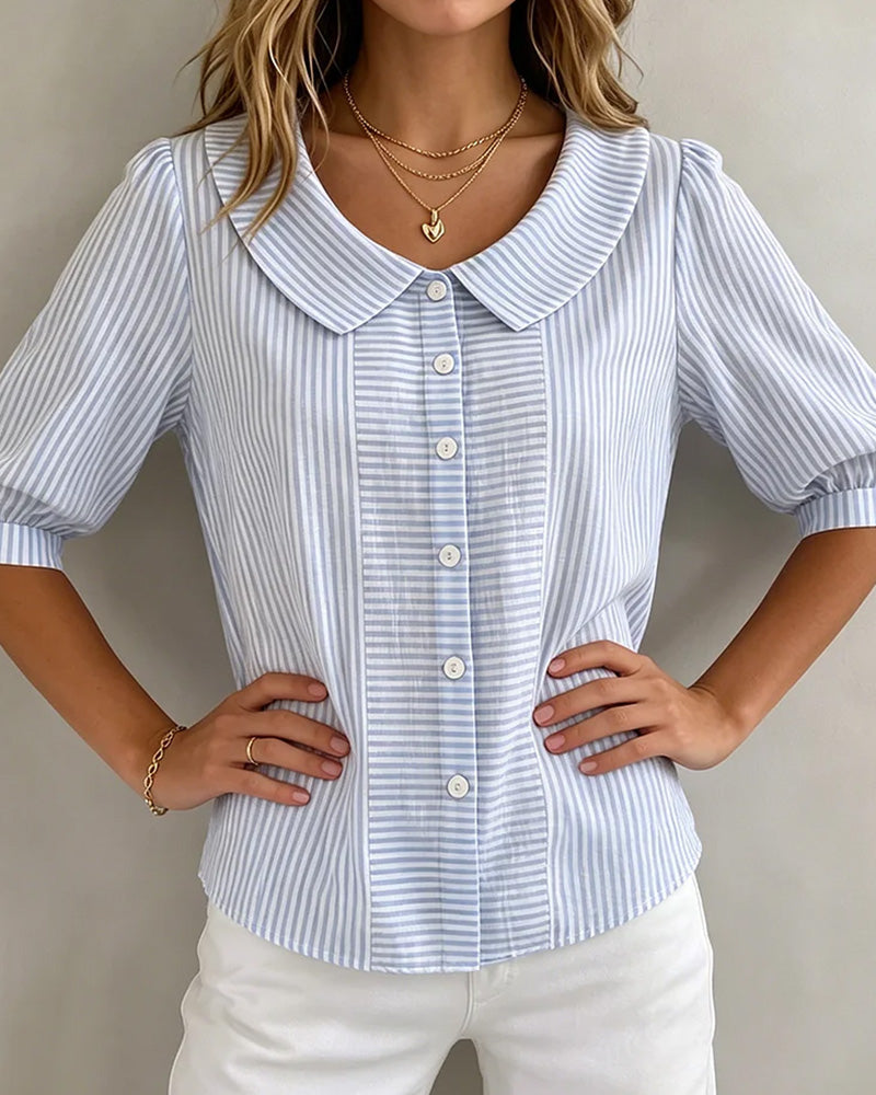 Peter Pan Collar Lantern Sleeve Striped Blouse