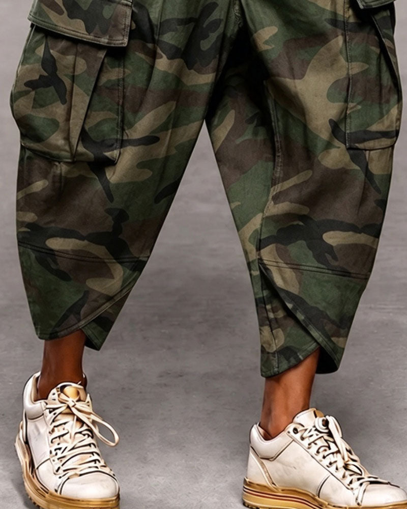 Camouflage Multi-Button High Waist Fashion Pants