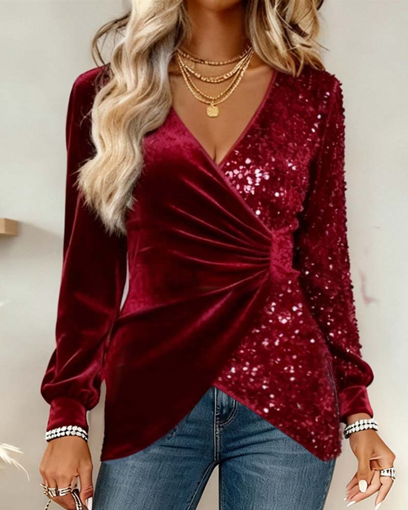 Shirred Cross Design V-Neck Sequin Patchwork Top
