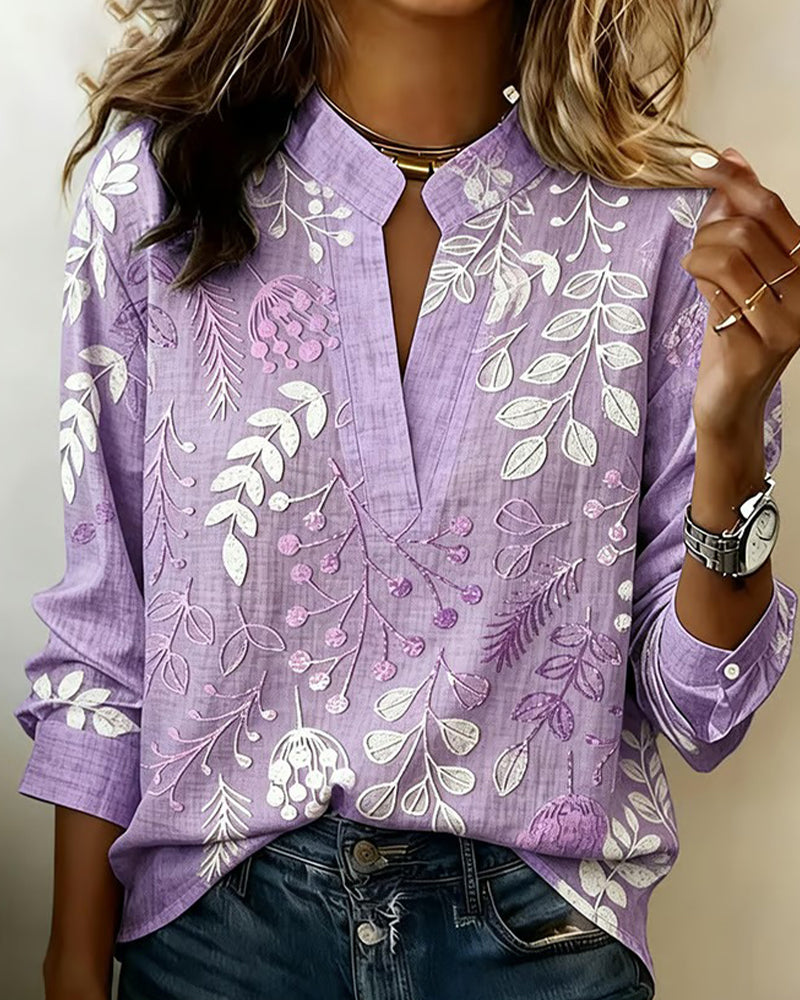 Floral Stand-Collar Blouse