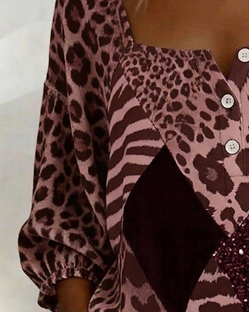 Square Neck Leopard Print Patchwork Sequin Blouse
