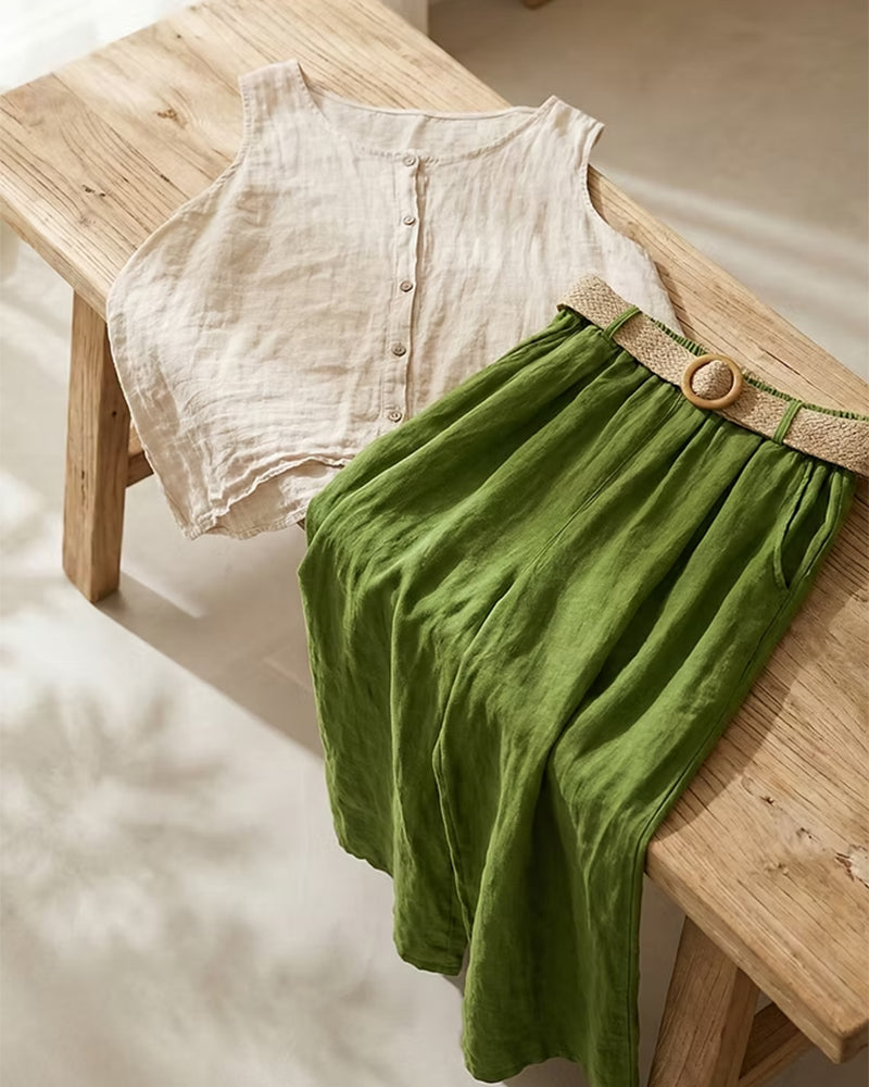 Sleeveless Cotton And Linen Casual Set
