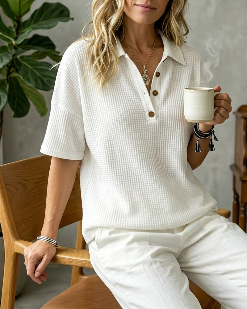 Button Front V-Neck Waffle T-Shirt