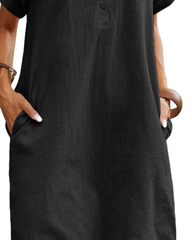 Lapel Button Split Short Sleeve Casual Dress