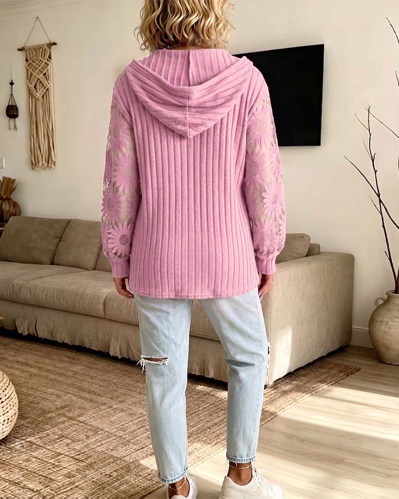 Hooded V-Neck Lace Patchwork Ribbed Blouse