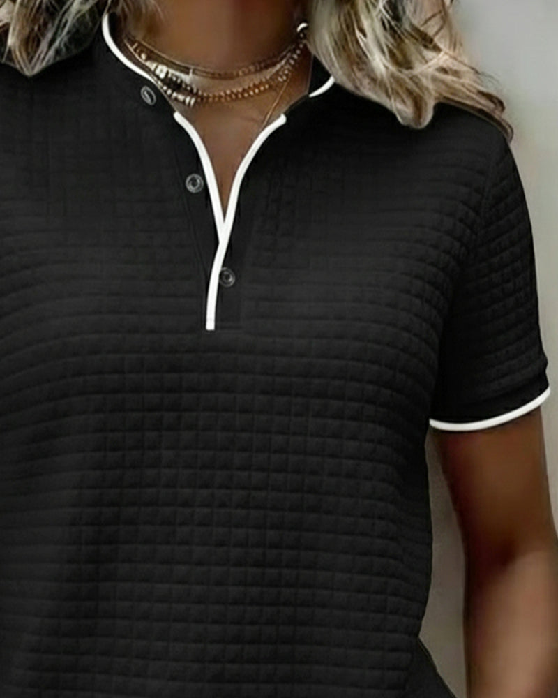 Waffle-Knit Button-Down Short-Sleeved Top