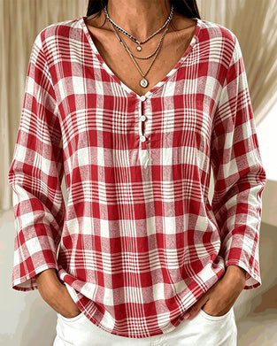 Stylish V-Neck Plaid Elbow-Length Sleeve Blouse