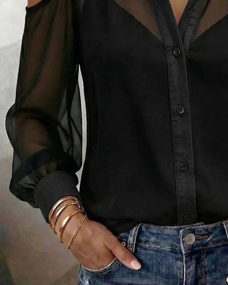 Lapel Off Shoulder Sheer Shirt Camisole Two Piece Set