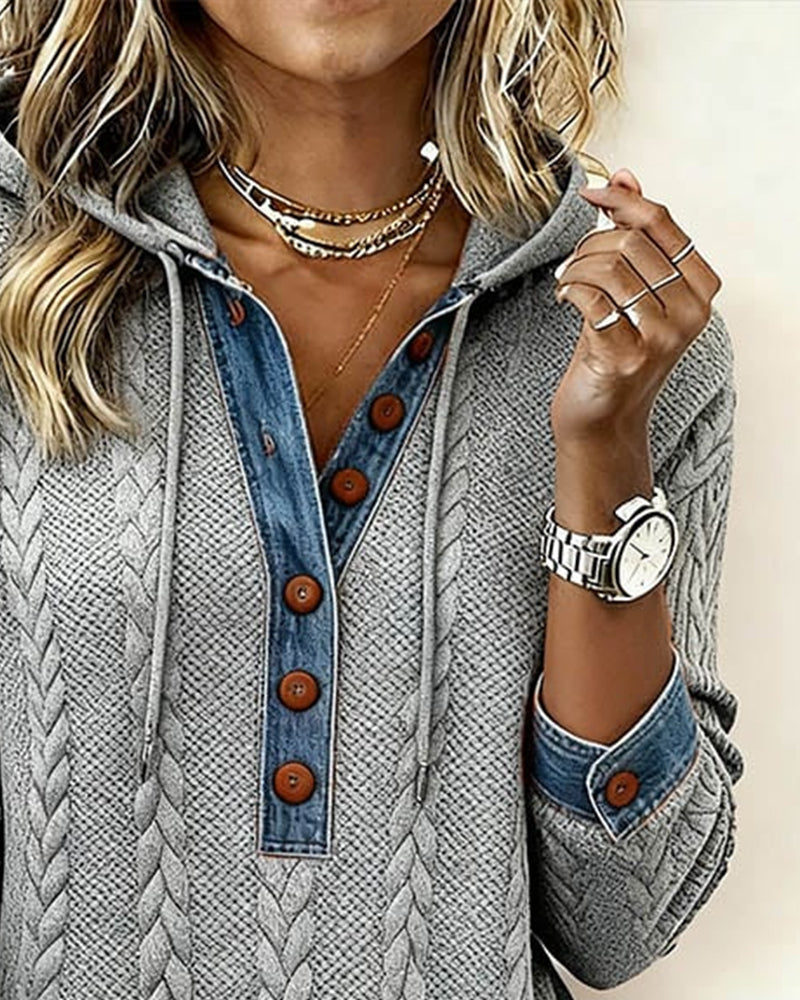 Color-Blocked Button Long-Sleeved Hooded