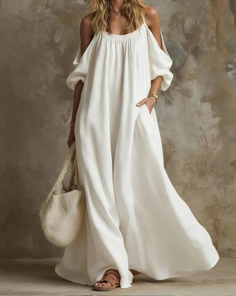 Strappy Off-Shoulder Full Skirt Solid Pocket Dress