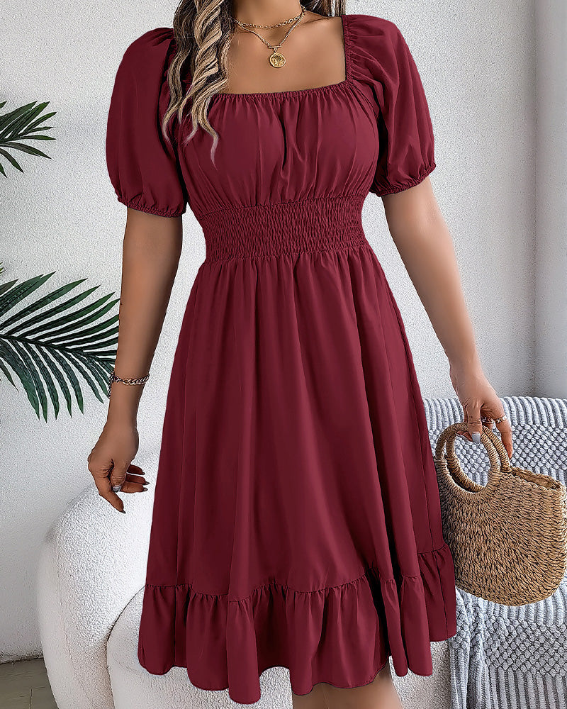Square Neck Cinched Waist Ruffle A-Line Dress