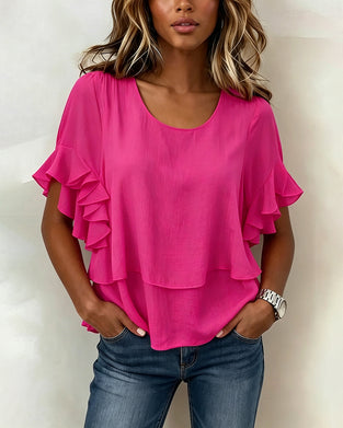 Round Neck Ruffled Short-Sleeved T-Shirt