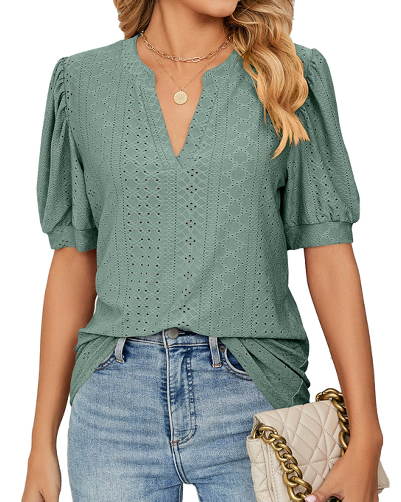 V-Neck Solid Color Hollow-Out Puff Sleeve Blouses