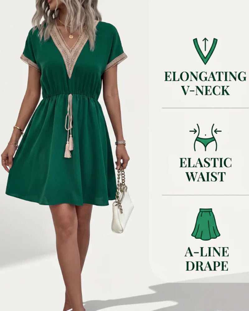 Spring-Fall V-Neck Lace Trim Fitted Waist Dress