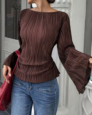Solid Color Flare Sleeve Blouse