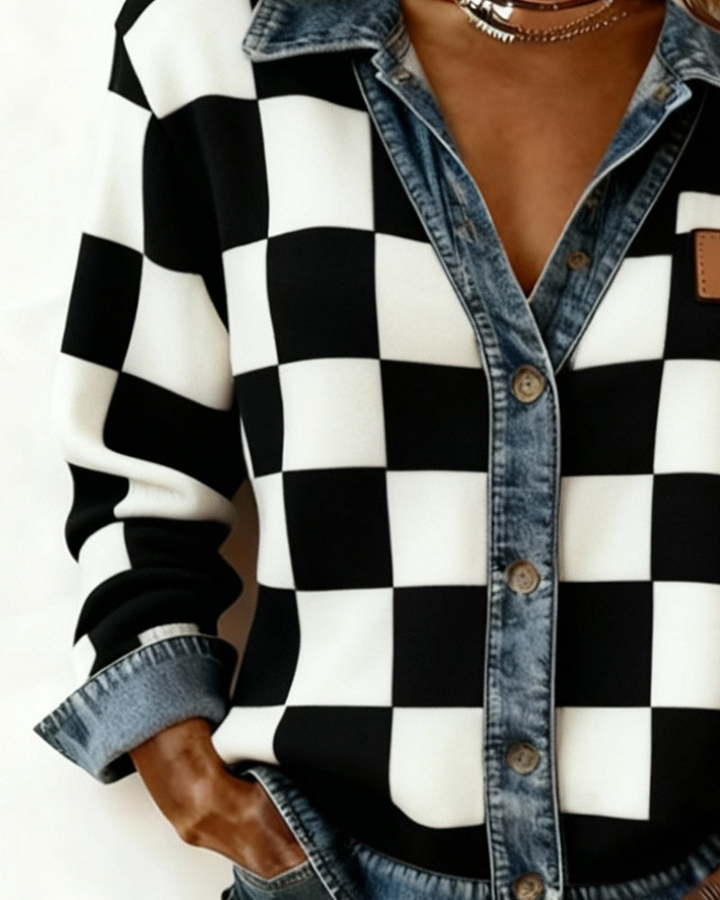 Checkered Denim Patchwork Coat