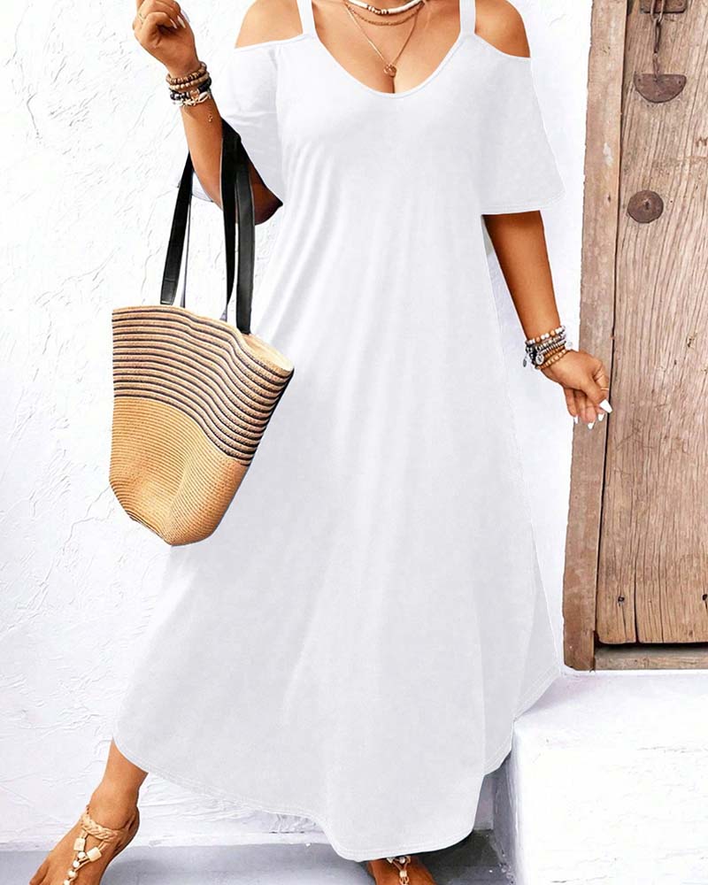 Solid V-Neck Off-Shoulder Long Dress