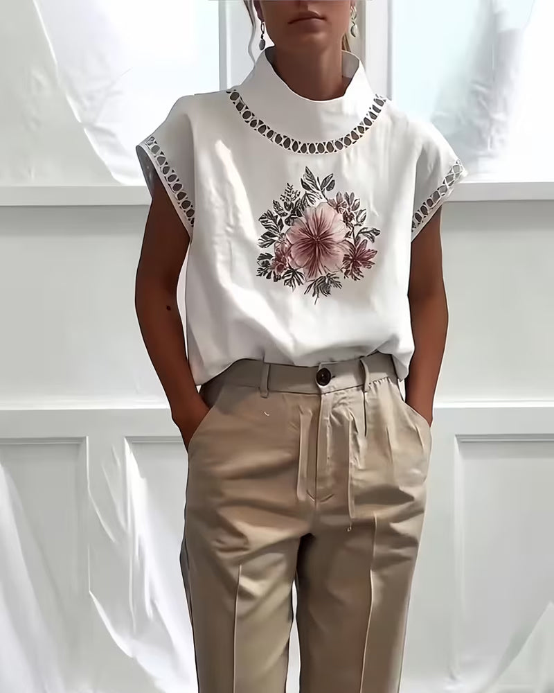 Half Turtleneck Sleeveless Hollow T-Shirt