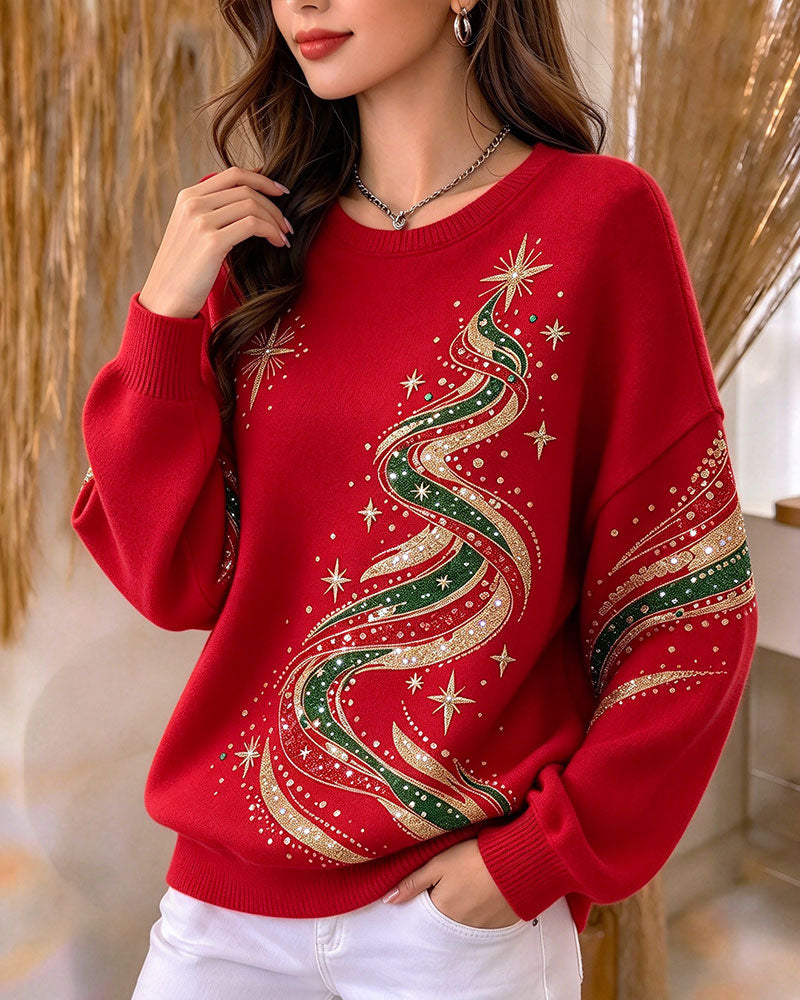 Christmas Tree Print Long Sleeve Loose Sweatshirt