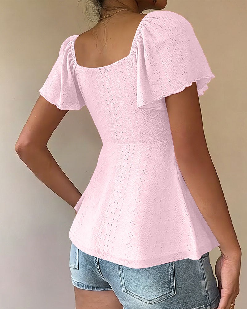 Hollow-Out Drawstring Short Sleeve Solid Color Blouse