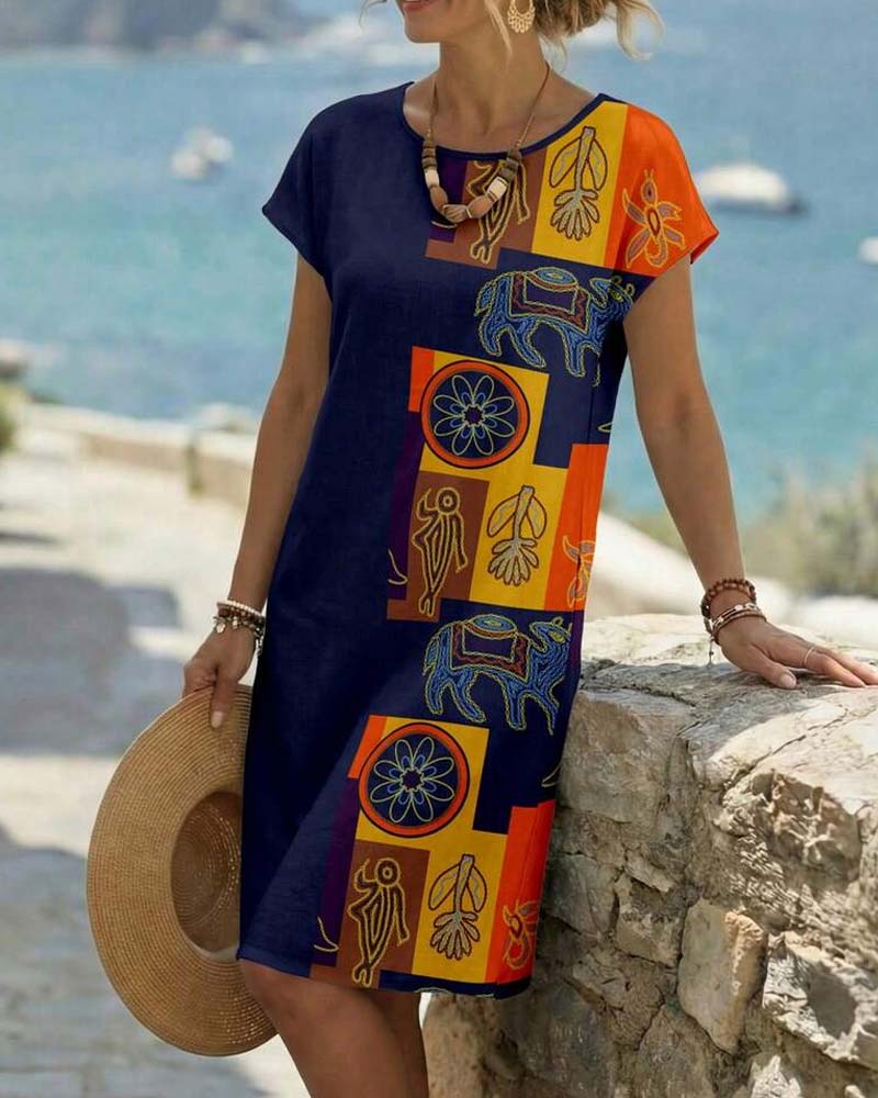 Ethnic Print Short-Sleeve Straight Dresses