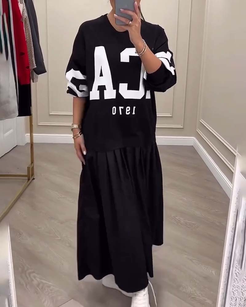Lettering Casual Sweatshirt Pleated Patchwork Dress
