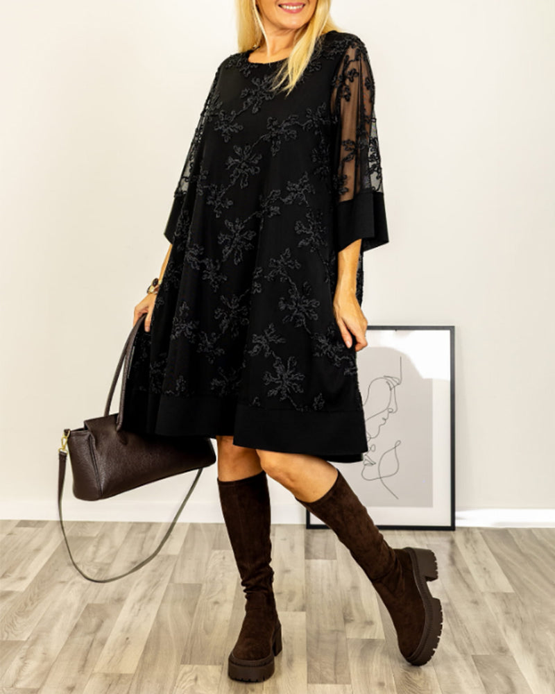 Solid Color Embroidered Round Neck Dress