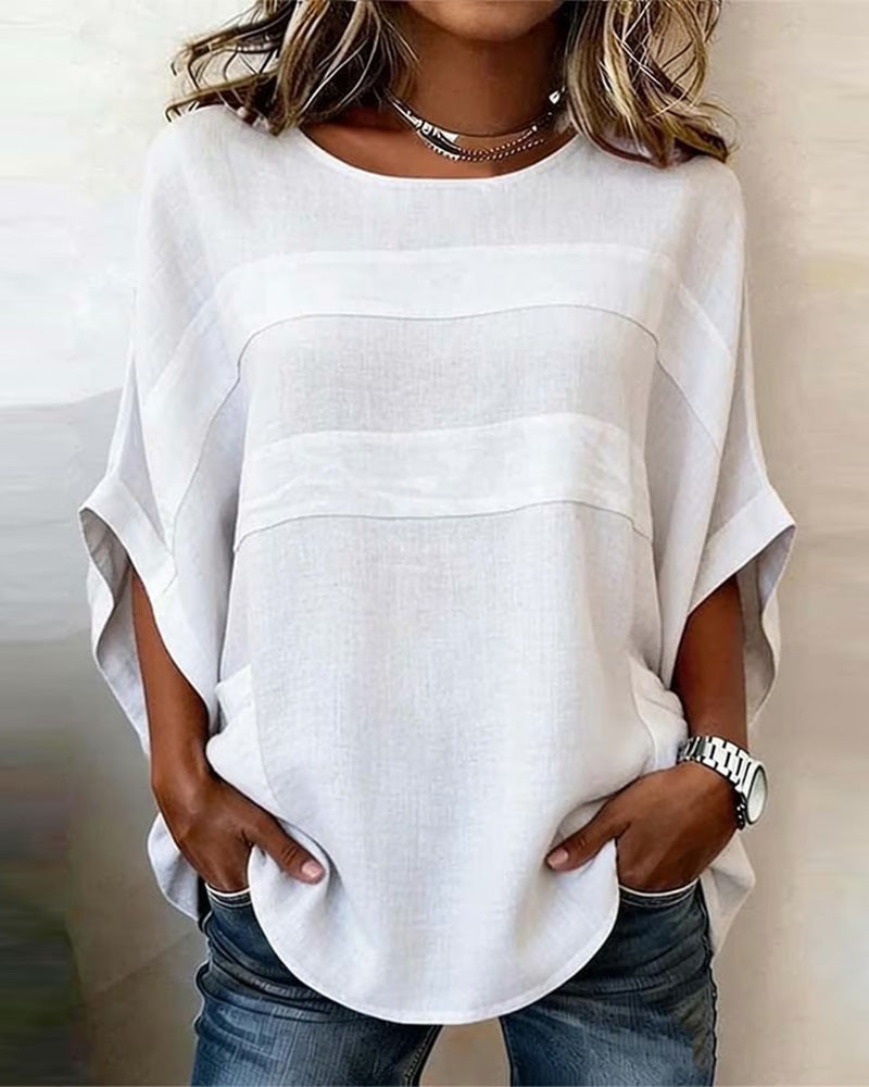 Batwing Sleeve Loose Fit Crewneck  Cotton And Linen Blouse