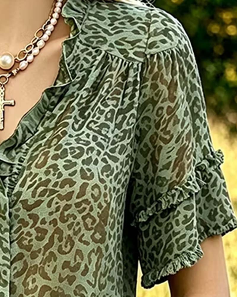 Green-Toned Leopard Print Ruffle Blouse